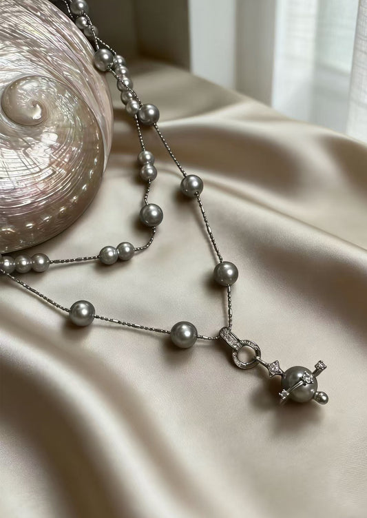 Handmade Pearl Necklace Natural Pearl Sweater Chain - Light Grey