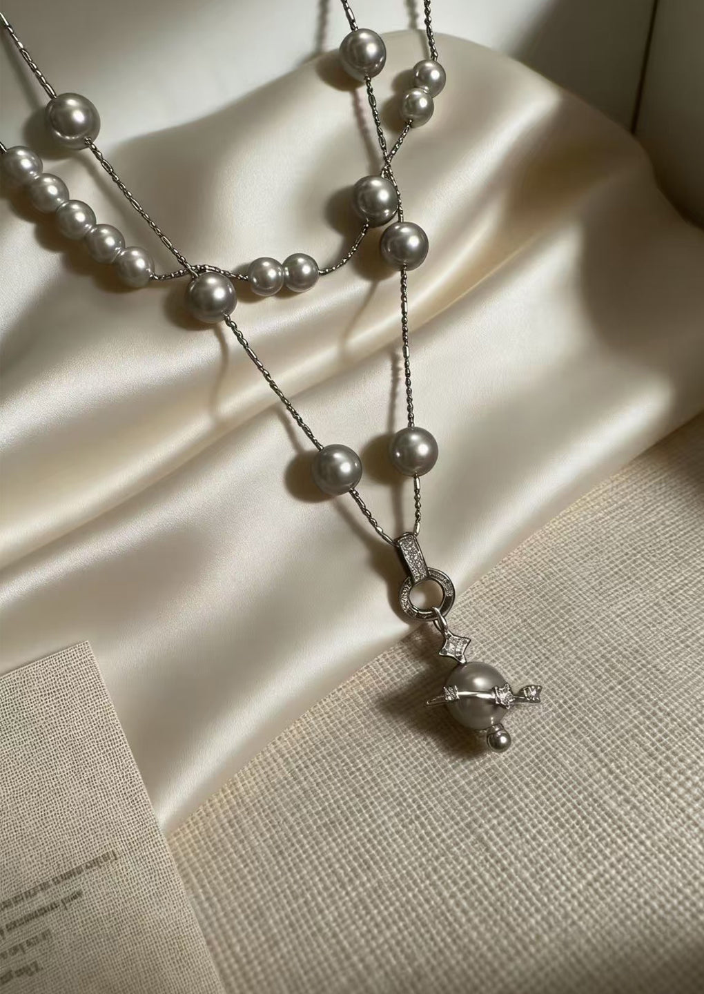 Handmade Pearl Necklace Natural Pearl Sweater Chain - Light Grey